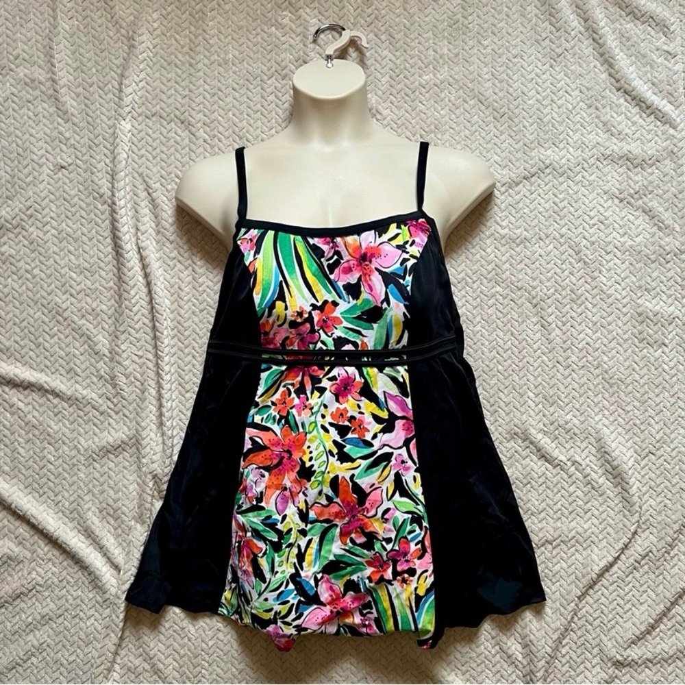 fit 4 u Tropical Floral Spaghetti Strap Swim Dress, One Piece Swim Suit
